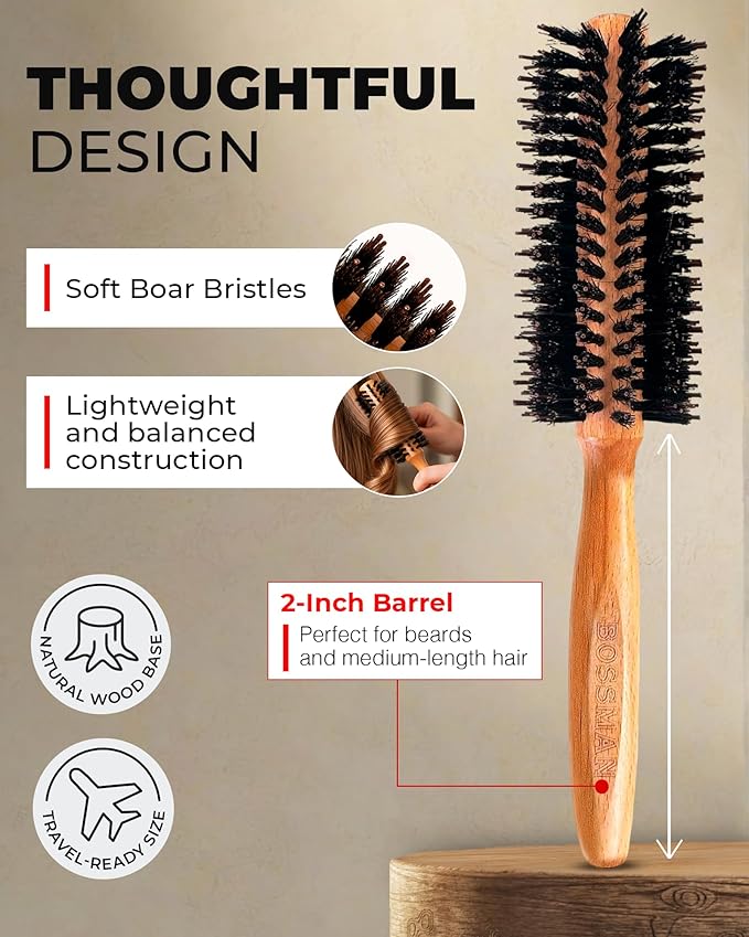 Bossman Boar & Nylon Bristle Round Hair Brush, 2 Inch - Blow Dryer Brush for Styling, Curling, Detangling, and Straightening