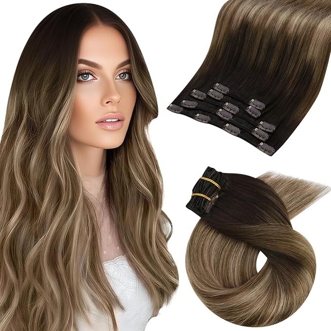 Moresoo Clip in Hair Extensions Dark Brown with Blonde Balayage Real Human Hair Clip in Extensions Dark to Golden Brown with Ash Blonde Long And Straight for Women Double Weft 80g/5pcs 20 inch