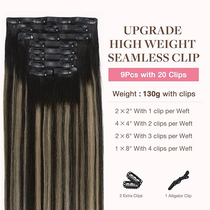 GOO GOO Clip in Hair Extensions Real Human Hair, Remy Human Hair Extensions Clip ins for Women, Natural Human Hair, 14inch 130g 9Pcs, 1B/16/1B Balayage Natural Black to Light Blonde