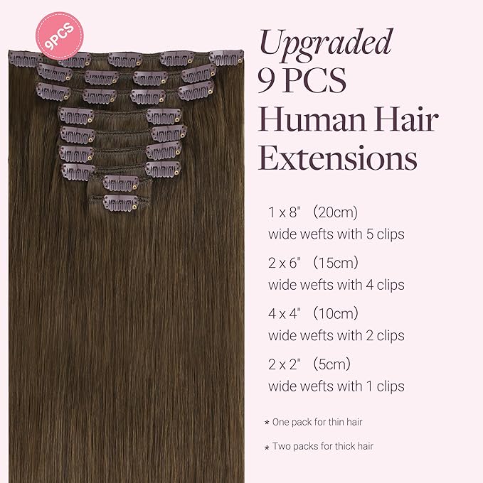 GOO GOO Clip in Hair Extensions Real Human Hair, Remy Human Hair Extensions Clip ins for Women, Natural Human Hair, 22inch 150g 9 Pcs, #4H Light Chocolate Brown