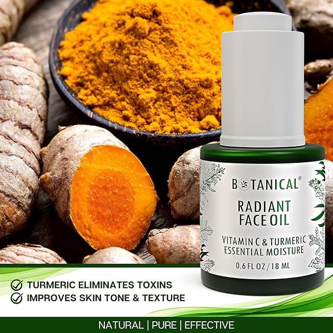 Botanical Radiant Face Oil | Skin Brightening Turmeric & Vitamin C Serum w/Gua Sha Lift Scraper | Organic, Pure, Natural Skincare (0.6 fl oz | 18 ml)