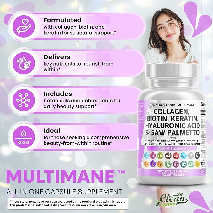 Clean Nutraceuticals Collagen Pills 1000mg Biotin 10000mcg Keratin Saw Palmetto Hyaluronic Acid - Hair Skin & Nails Vitamins & DHT Blocker (90 Count (Pack of 2))