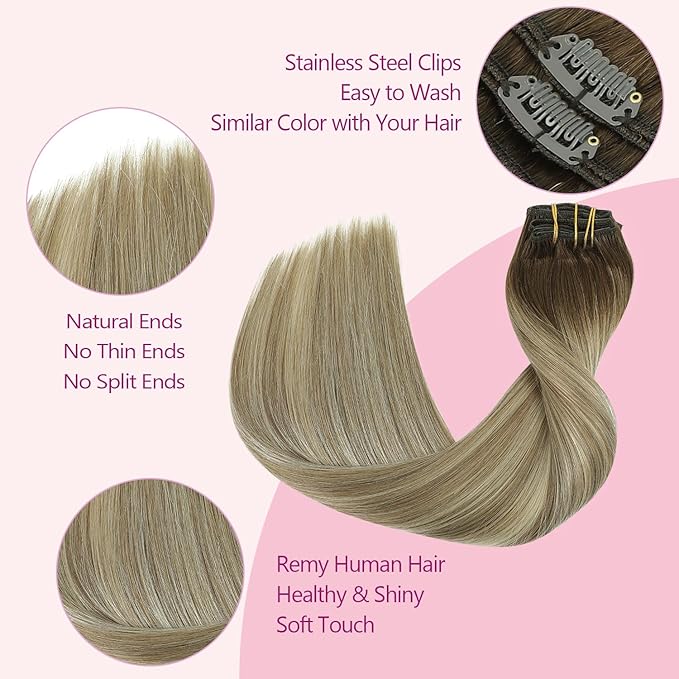 PINKPEARL Clip in Human Hair Extensions #3/8/22 Balayage Walnut Brown to Ash Brown and Golden Blonde Clip in Hair Extensions Real Human Hair 7pcs 120g 18inch Human Hair Extensios Clip ins(#3/8/22-18)
