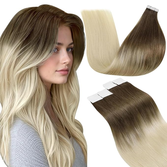 LaaVoo Tape in Hair Extensions Human Hair Light Brown Fading to Light Blonde Tape in Human Hair Extensions Seamless Tape on Hair Extension Silky Straight Hair 12inch 20pcs 30g