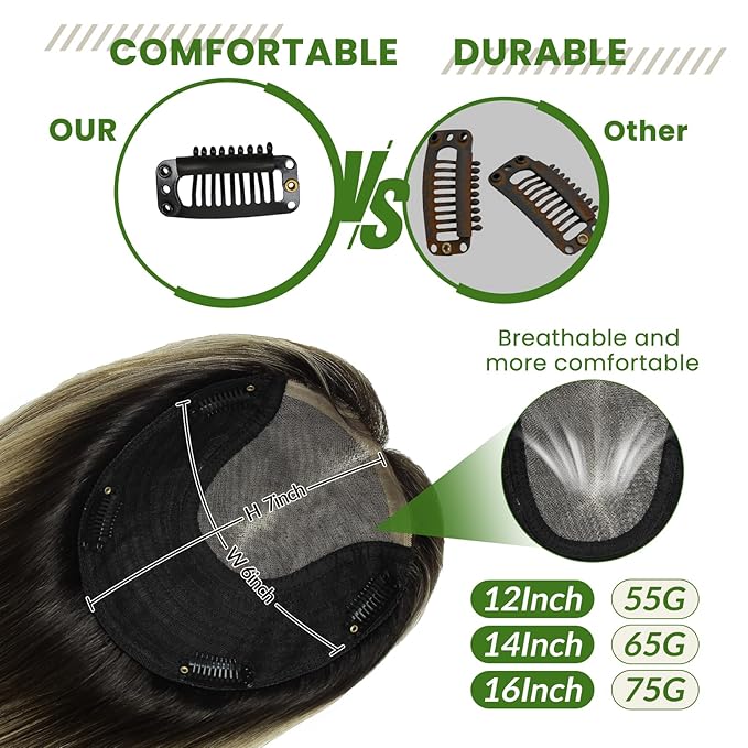 HAIR Toppers for Women Real Human Hair 150 Density 14 inch 65 grams 6x7 inch Natural Black to Chocolate Brown and Caramel Blonde lace Silk Base Clip in Hair Pieces for Women（#1B427 14inch）