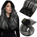 Moresoo Black And Silver Human Hair Clip in Extensions Balayage Natural Black to Silver Grey Hair Extensions Real Human Hair Clip ins Remy for Women Double Weft 80g/5pcs 16 in
