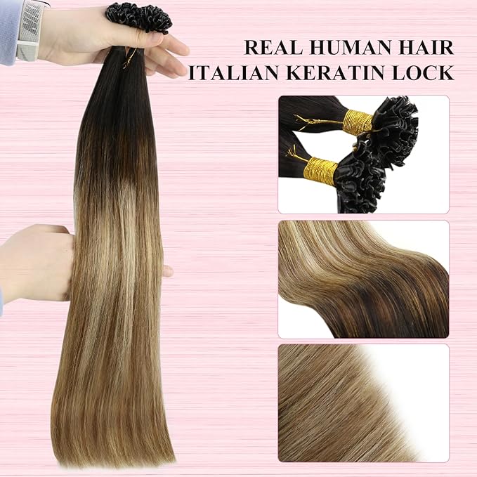 YoungSee U Tip Hair Extensions Human Hair Balayage 20 Inch U Tip Hair Extensions Balayage Blonde with Brown Utip Human Hair Extension Ombre Dark Brown to Blonde Keratin Hair Extension 50s/50g