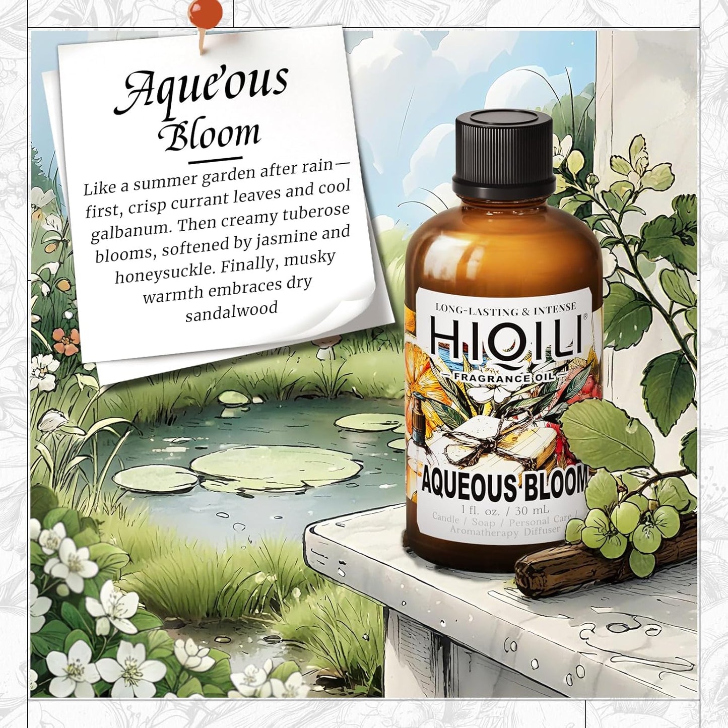 HIQILI Aqueous Bloom Fragrance Oil for Diffusers, Black Currant Leaf‌ & Jasmine, Candles & Soap Making, Long-Lasting Scent - 1 Fl Oz