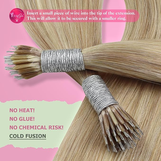 YoungSee Nano Ring Hair Extensions Highlights Blonde Nano Link Human Hair Extensions Blonde for Women Pre Bonded Nano Beads Hair Extension Real Human Hair Straight and Soft 18inch 50g 50s Cold Fusion