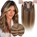 Hair Toppers for Women Real Human Hair No Bangs, 13 * 15 cm Larger Silk Base 150% Density Clip In Topper Hairpieces, Wiglet Top Pieces Add Volume -12 Inch 4P27 Medium Brown&Dark Blonde