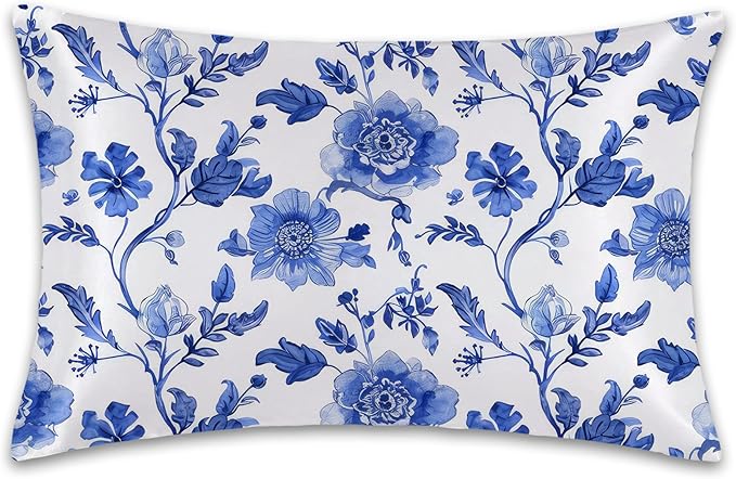 Satin Pillowcase 1 Pack-Vintage Blue Floral Silky Pillow Cover for Hair and Skin,Standard Size 20x26 Inch Soft Cooling Printed Pillow Cases with Hidden Zipper,Gifts for Women Men