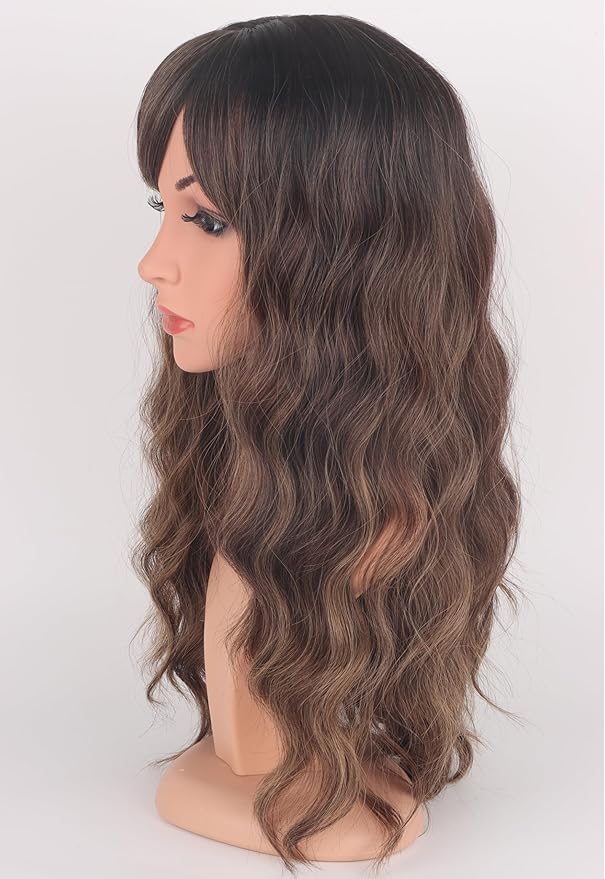 Ombre Brown Wavy Wigs With Bangs, Medium Long Synthetic Hair Replacement Wigs for Daily Use, 18 Inch