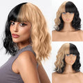 MISSQUEEN Short Black and Blonde Wavy Wig with Bangs for Women Heat Resistant Synthetic Hair Two Color Cosplay Party Costume Wig Halloween Wig