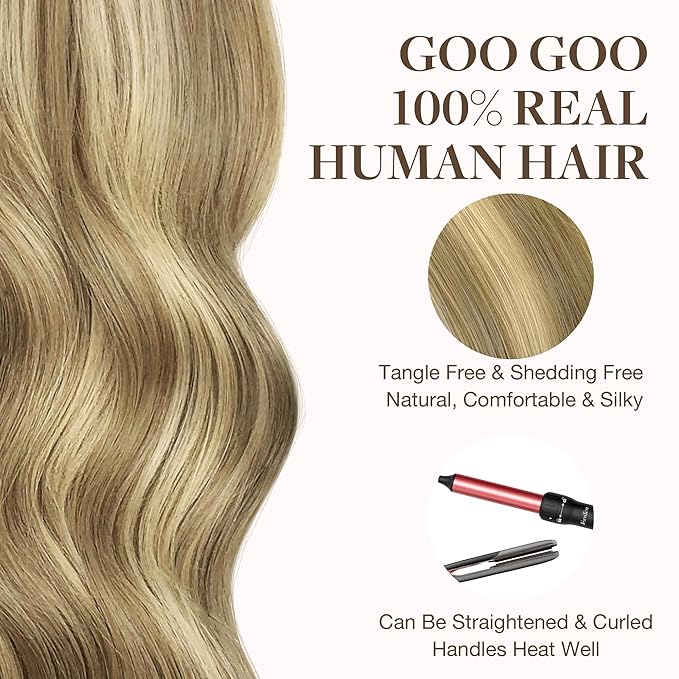 GOO GOO Tape in Hair Extensions Human Hair, 16/22 Light Blonde Highlighted Golden Blonde, 20inch 50g 20pcs, Thick Ends Straight Seamless, Invisible