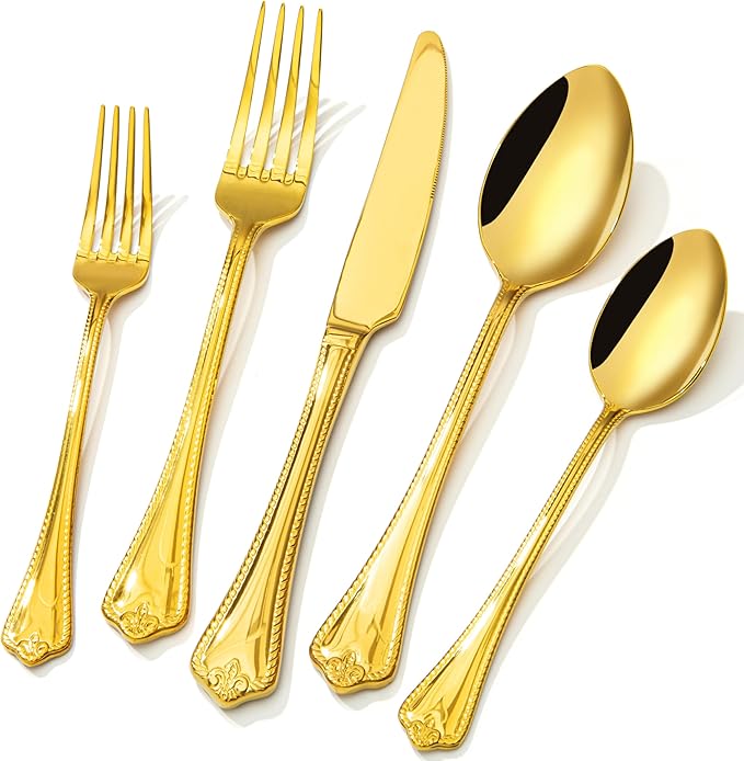 KINGSTONE Gold Silverware Set, 60-piece 18/10 Stainless Steel Flatware Set Cutlery Set for 12, for Kitchen, Home, Wedding, Party, Mirror Polished and Dishwasher Safe, Featured Gifts