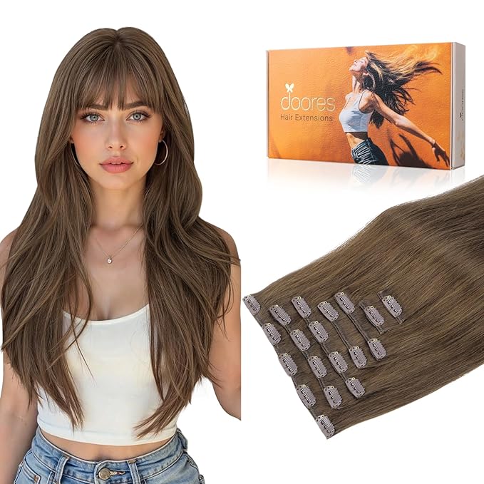 DOORES Clip in Human Hair Extensions, Dirty Light Ash Brown 120g 7pcs 16 Inch, Remy Hair Extensions Clip in Straight Natural Remy Weft for Women