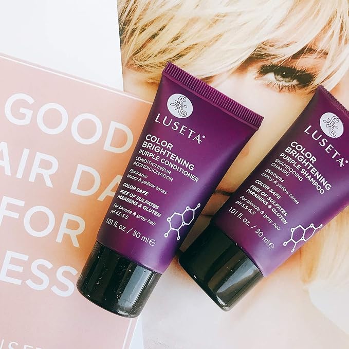 Luseta Color Brightening Purple Shampoo and Conditioner Travel Kit for Blonde and Gray Hair -Infused with Cocos Nucifera Oil to Help Nourish, Moisturize and Condition Hair, 2x1.01oz