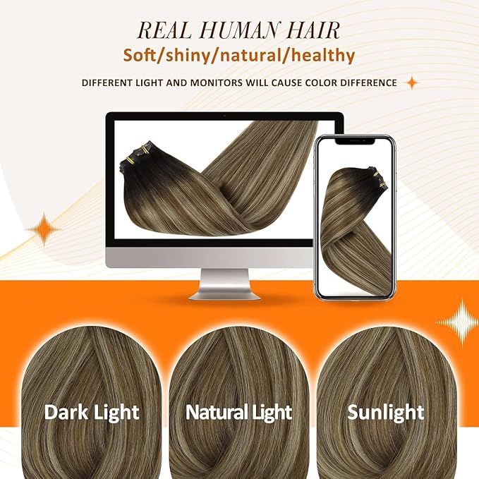 Full Shine Balayage Hair Clip in Extensions Short Hair Extensions Clip ins Ombre Dark Brown to Medium Brown Mix Honey Blonde Hair Clip in Extensions 12 Inch 8 PCS 95 G