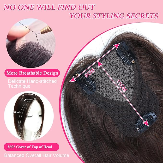 Hair Toppers for Women Real Human Hair Topper Upgrade Swiss Lace Middle Part Clip in Bangs Remy Human Hair Straight Hairpieces for Thinning Realistic Scalp 360° Cover Gray Hairy Roots Chocolate Brown