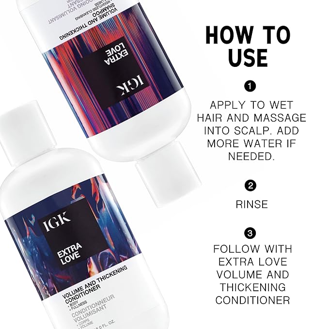 IGK EXTRA LOVE Volume & Thickening Shampoo and Conditioner Set | Lightweight + Supports Scalp + Balance Oil | Vegan + Cruelty Free | 8 Oz