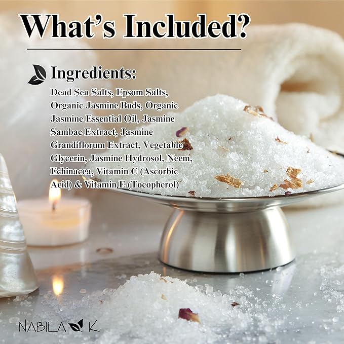 Organic Jasmine Bath Salts by Nabila K - Dead Sea Salt & Epsom Salt Scrub & Soak - Exfoliates & Hydrates Skin, Botanical Essential Oils - Bubble Bath Accessories for All Skins Types, 8 oz