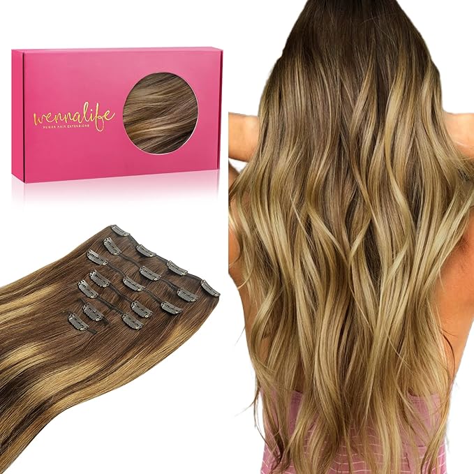 WENNALIFE Clip in Hair Extensions Real Human Hair, 20 Inch 120g 7pcs Balayage Chocolate Brown to Caramel Blonde Hair Extensions Clip in Human Hair Remy Clip in Hair Extensions Real Human Hair