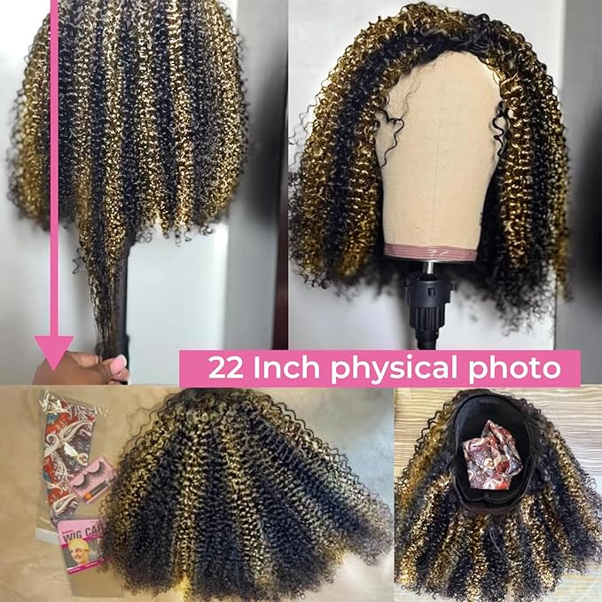 Kinky Curly Half Wig Human Hair 200% Density Ombre Wear Go Glueless Wigs Human Hair Hightlight Blonde Curly 3 In 1 Half Wigs for Women Drawstring Seamless Flip Headband Wig Beginner Friendly 18 Inch