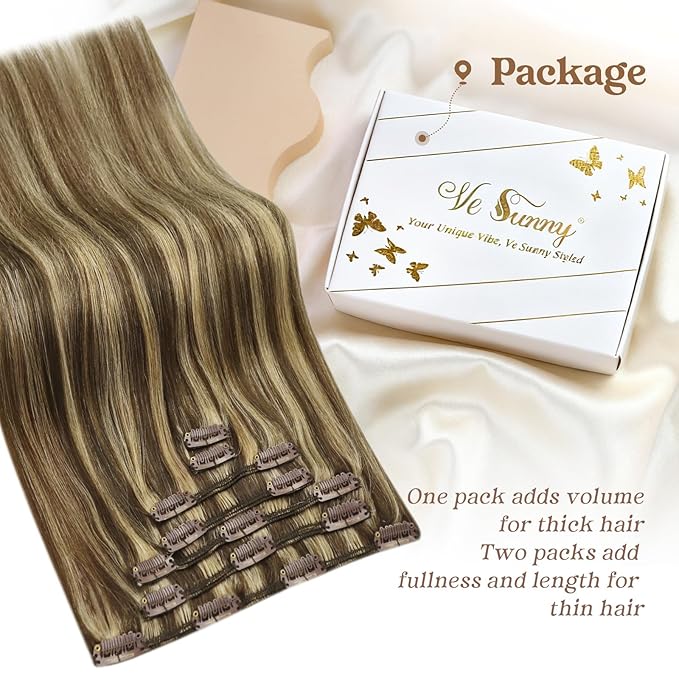 Ve Sunny Clip in Hair Extensions Real Human Hair Highlights Clip on Hair Extensions Dark Brown with Caramel Blonde Highlights Hair Extensions Clip ins for Short Hair Lightweight 5pcs 80g 12inch