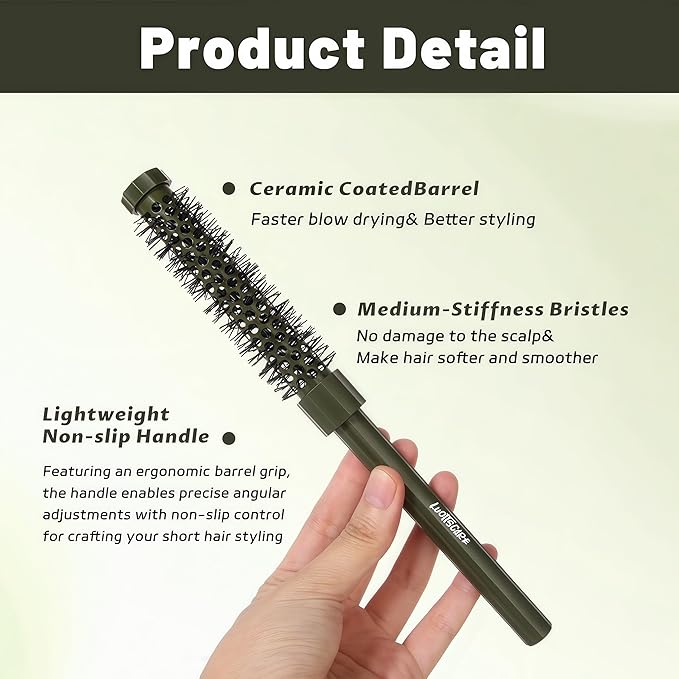 3pcs Small Round Hair Brush for Short Hair - Barrel Hair Brush for Blow Drying, Aluminum Round Brush for Bobs, Bangs, Lobs, Roots, Curling, Pixie Cuts, Straight Hair - Green
