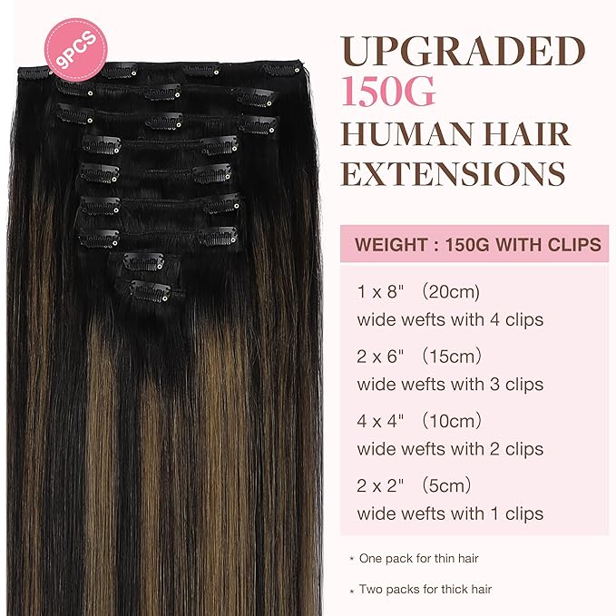 GOO GOO Clip in Hair Extensions Real Human Hair, Remy Human Hair Extensions Clip ins for Women, Natural Human Hair, 16inch 150g 9Pcs, 1B/6/1B Balayage Natural Black to Chestnut Brown