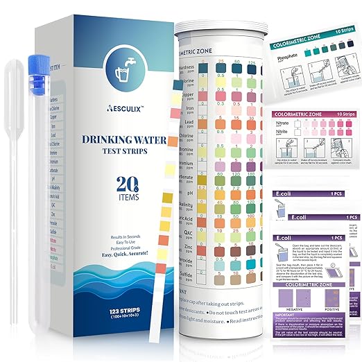 20 in 1 Water Tester for Drinking Water, Well Water Testing Kit, Suitable for Household Tap Water, Natural Water Quality Testing, Can Detect Water Hardness, Chlorine, Lead, Ph, Etc. (123 Test Strips)