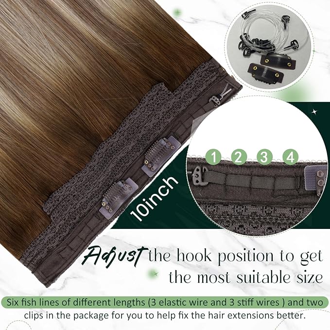 RUNATURE Brown Balayage Wire Hair Extensions Real Human Hair, Invisible Wire Hair Extensions Short, Remy Straight Soft Hair，Natural Blending, 12 Inch 70g #3/8/22 Walnut Brown Ombre Light Blonde