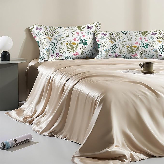 Satin Pillowcase 1 Pack-Leaves Herbs and Wildflowers Silky Pillow Cover for Hair and Skin,King Size 20x36 Inch Soft Cooling Printed Pillow Cases with Hidden Zipper,Gifts for Women Men