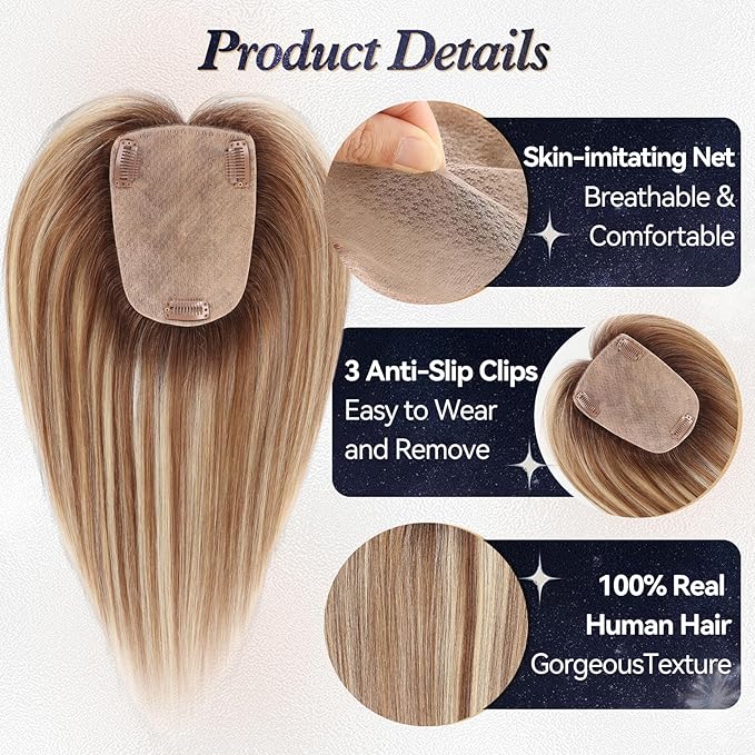 starluck Human Hair Toppers for Women Real Human Hair With Bangs 4 * 5.5 inch Base 12 inch SilkHug Hair Topper for Women Cover Grey Roots(Brown with Blonde Highlight)