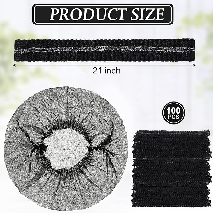 100 Pcs Disposable Nonwoven Bouffant Caps 21 Inch Hair Net Elastic Cap Hair Cover Hats for Beauty Salon Hospital Spa Catering Dust-free Workspace(Black)