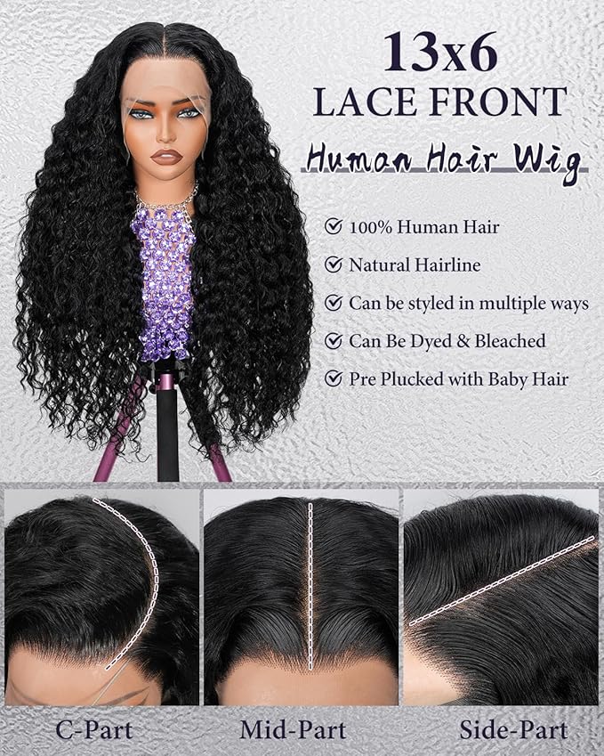 13x6 Deep Wave Lace Front Wigs Human Hair 180% Density Curly Human Hair Wig Pre Plucked Wet and Wavy human hair wig for Women HD Lace Frontal Wigs with Baby Hair 28inch
