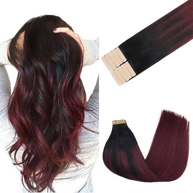 GOO GOO Tape in Hair Extensions Human Hair, 1/99 Balayage Jet Black to Red, 18inch 25g 10pcs, Skin Weft Seamless Invisible, Silky Straight with Thick Ends, Remy Human Hair
