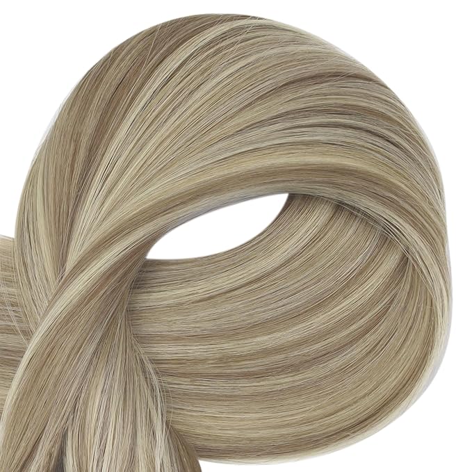 Full Shine Real Hair Extensions Clip in Human Hair Double Weft Blonde Human Hair Extensions Brown with Blonde Highlights Clip in Human Hair Remy Straight Hair 14 Inch 3 PCS 60 Grams