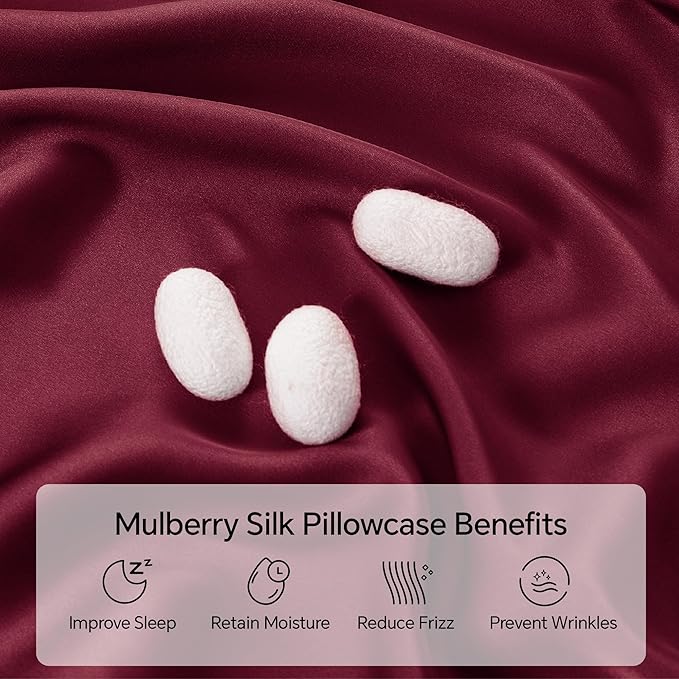INFIIXSO Mulberry Silk Pillowcase for Hair and Skin, Silk Pillow Cases Queen Size with Hidden Zipper 20x30 Inches, Super Smooth and Soft Cooling Pillow Cases for Hot Sleepers(Burgundy, 1 Pack)