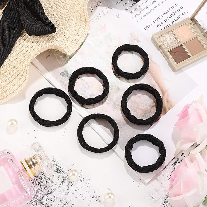 WILLBOND 60 Pieces Seamless Hair Ties Ponytail Holders, Cotton No Crease Hair Band for Women,girl,thick Heavy and Curly Hair, 4 Styles(Black, Fresh Style)