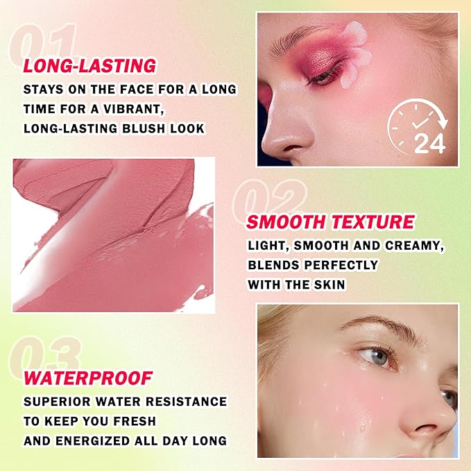 Multi-Use Cream Blush Stick,Soft Smooth Makeup Blush Stick for Cheeks Lips & Face,Waterproof Long Lasting Blendable Lightweight Face Blush Stick Matte Makeup for All Skin Types