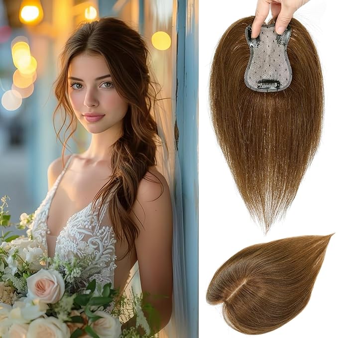 Hair Toppers for Women Real Human Hair, 360°3D Bangs Clip Human Toppers for Women with Thinning hair Realistic Scalp Line (Light Brown, 3D Side Bangs (11 * 7))
