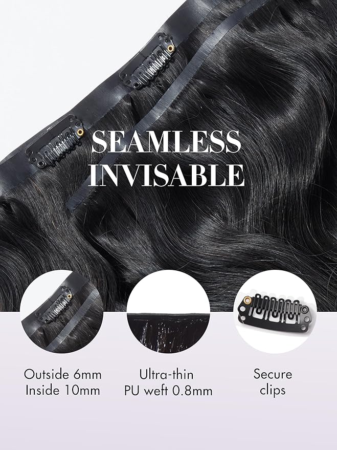 LUVME Clip in Hair Extensions Thick Body Wavy Hair Extensions, Natural Black 135g 7pcs 22 Inch, Real Hair Clip in Human Hair for Women