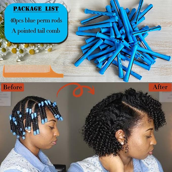 40pcs Perm Rods Set for Natural Hair Blue Plastic Cold Wave Rods Hair Curling Rollers with Steel Pintail Comb Rat Tail DIY Hairdressing Tools（40pcs Blue）