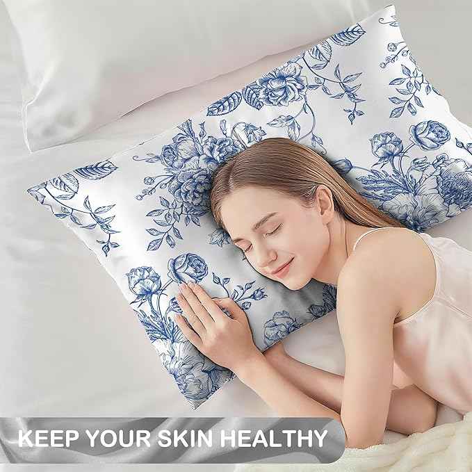 Satin Pillowcase 1 Pack-Blue Flowers Peonies Roses Silky Pillow Cover for Hair and Skin,King Size 20x36 Inch Soft Cooling Printed Pillow Cases with Hidden Zipper,Gifts for Women Men