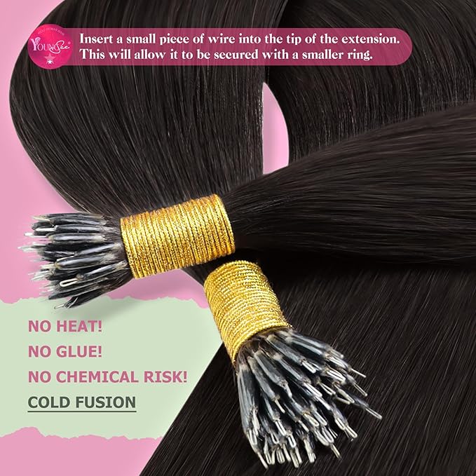 YoungSee Nano Extensions Human Hair Dark Brown Nano Ring Hair Extensions Human Hair Brown Nano-tips Hair Extension 20 Inch Nano-Link Hair Extension 1g/s 50s 50g for Wedding