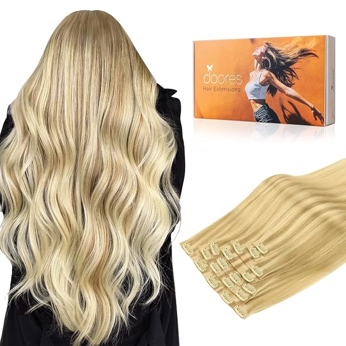 DOORES Clip in Hair Extensions Real Human Hair, DirtyBlonde Highlight Golden Blonde 130g 7pcs 16 Inch, Seamless Clip in Human Hair Extensions Natural invisible Edge Hair Extensions Straight Thick Hair