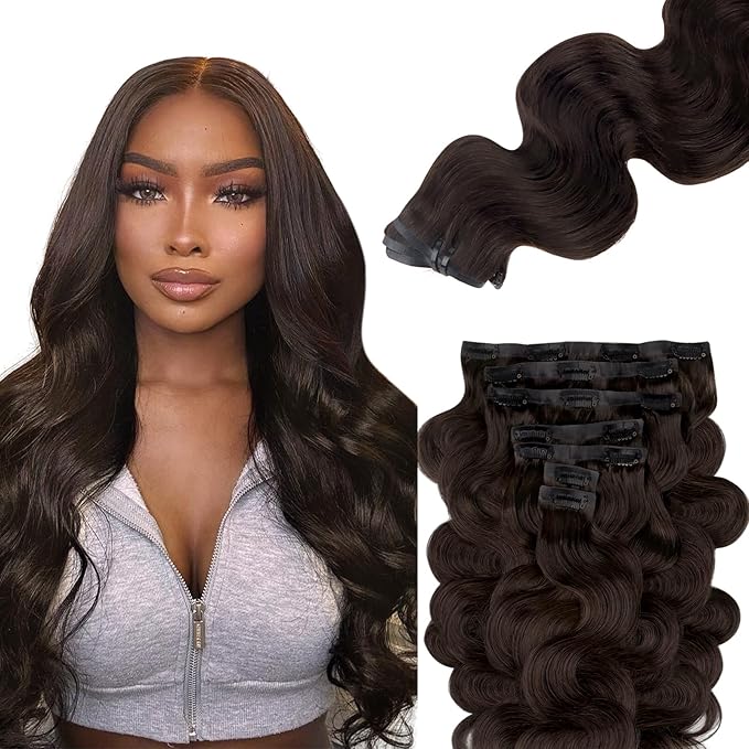 Lashey Seamless Clip in Hair Extensions Human Hair #2 Dark Brown Body Wave Clip in Hair Extensions Real Human Hair 7pcs 110g 20 Inch PU Weft for Women
