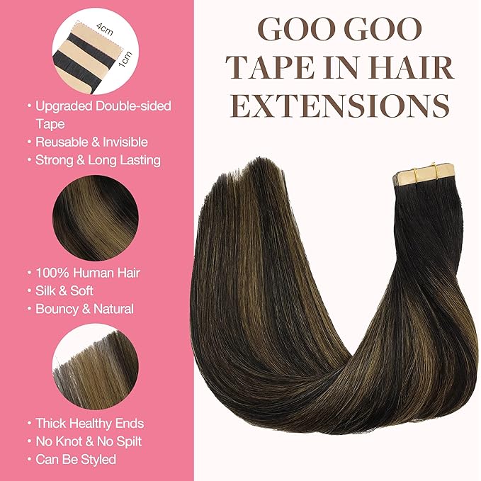 GOO GOO Tape in Hair Extensions Human Hair, 1B/6/1B Balayage Natural Black to Chestnut Brown, 22inch 50g 20pcs, Skin Weft Seamless Invisible, Silky Straight with Thick Ends, Remy Human Hair