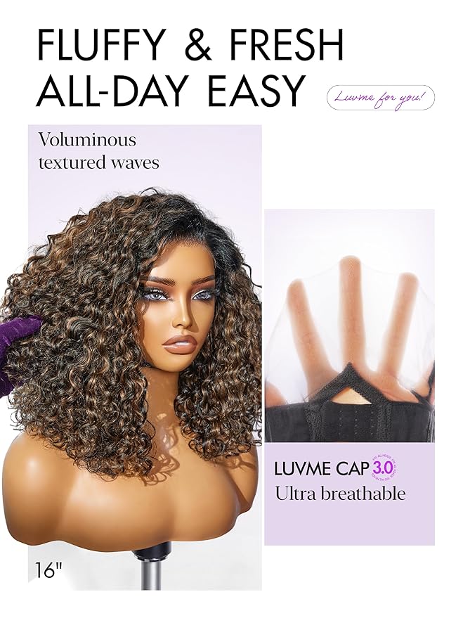 LUVME HAIR 100% Human Hair Wigs Curly Deep Wave Glueless Lace Front 16 Inches Pre Cut Plucked Hd Lace Short Wig Ready To Go Highlight Color Straight Bleached Knots Side Part Black Wigs